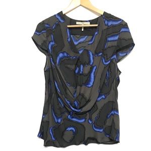 Halston Heritage Silk Drape Front Top, Black &Blue
